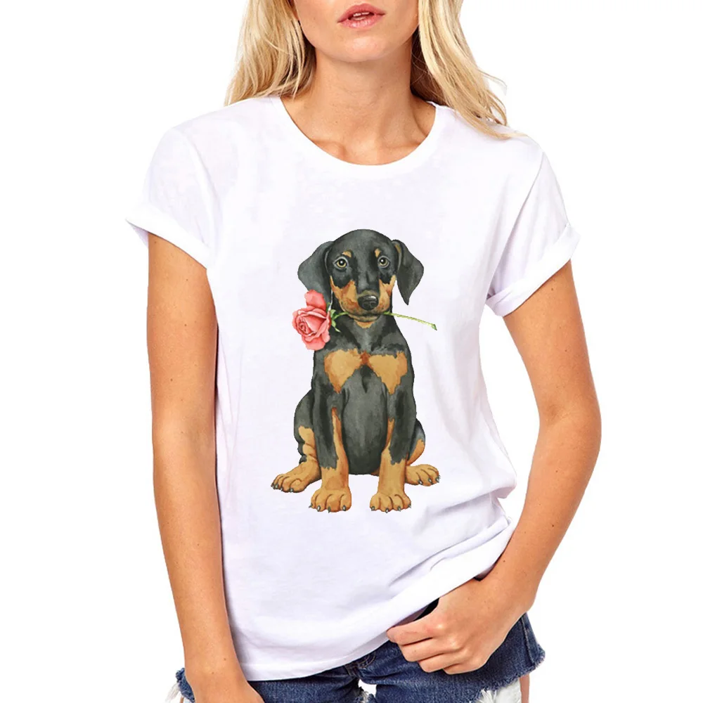 Rose Mini Schnauzer dog t shirt women Girl's Cute print Summer Short Sleeve Casual animal French Bulldog shirts For Women | Женская