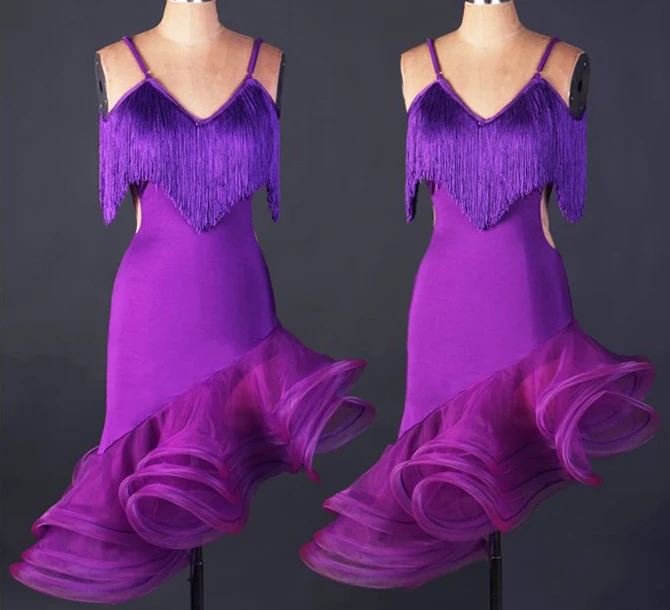 

purple tassel spiral tassel Paso Double jive Rumba cha cha salsa Latin dance dress competition wear S-XXXL