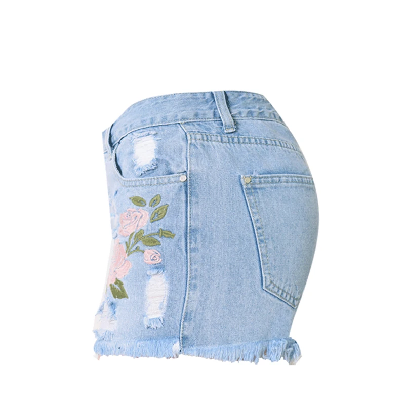 Fashion Embroidery Ripped Denim Shorts Floral High Waist Jeans Short Femme Frayed Hole for Women Plus Size Summer | Женская одежда