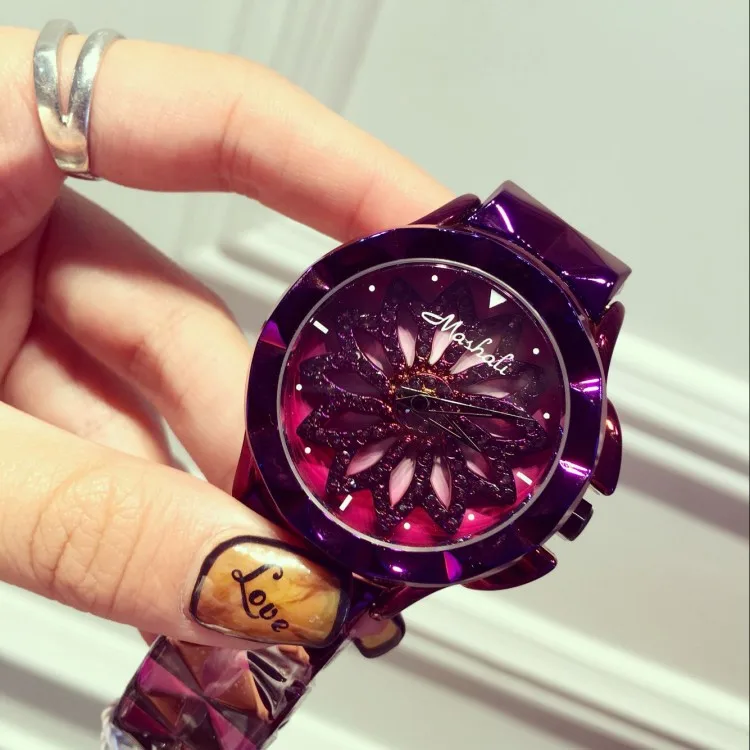Гламурные фиолетовые часы для женщин сверкающие вращающиеся Платья с цветочным