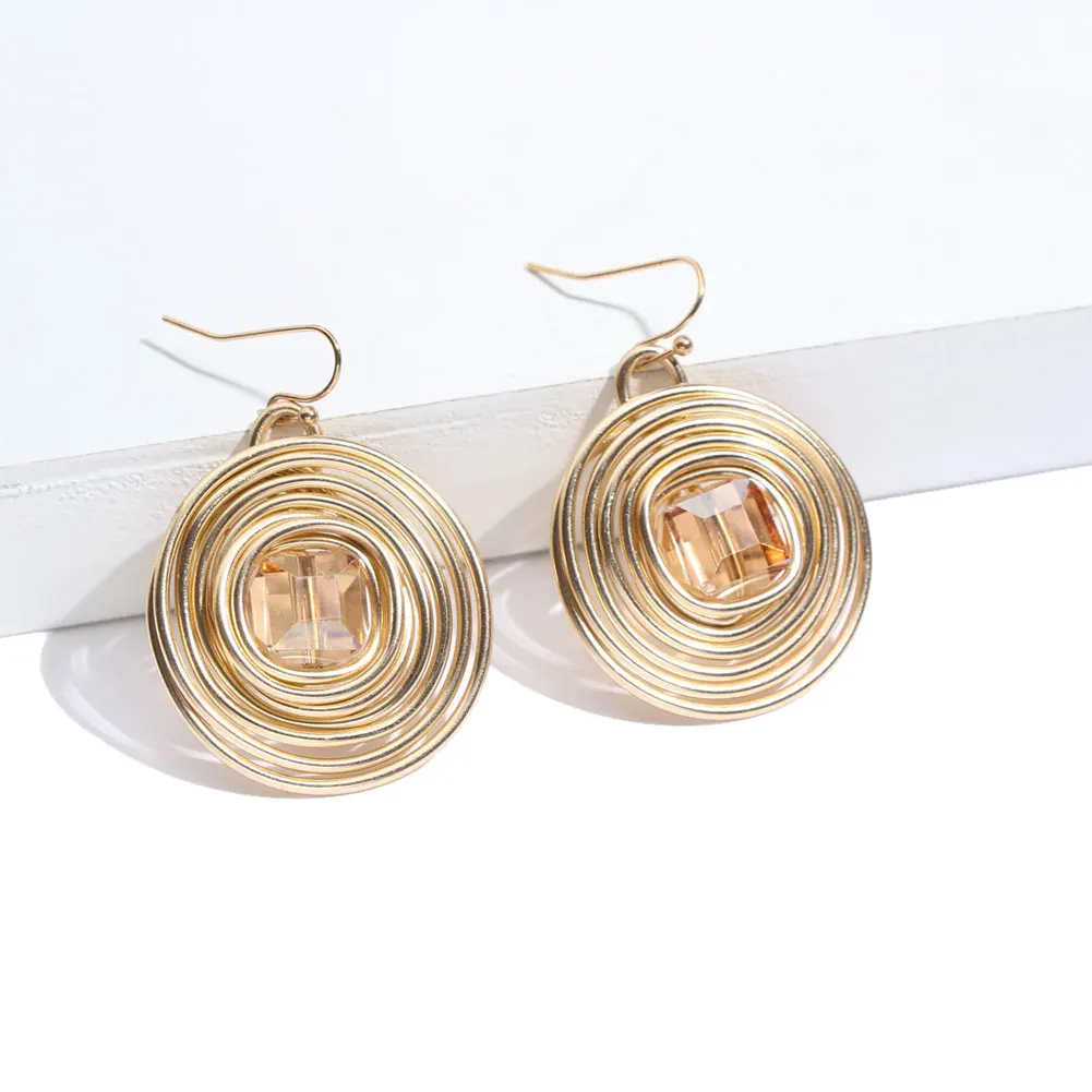 JUST FEEL Crystal Round Dangle Earrings For Women Attraction Spiral Aluminum Fashion Drop Earring Wedding Party Female Jewelry | Украшения