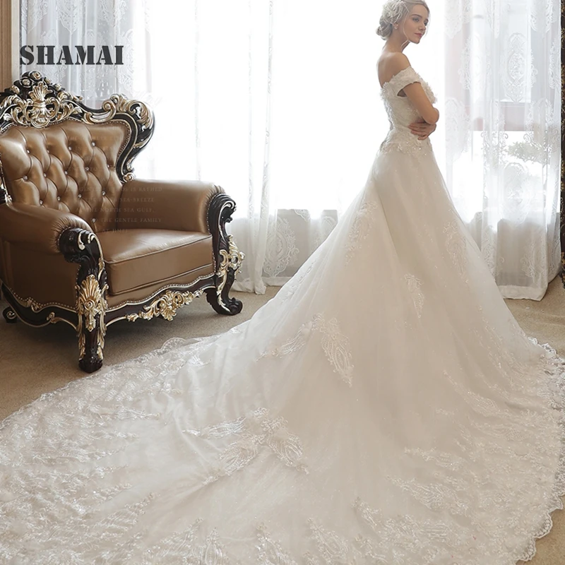SHAMAI Elegant Bride Dress 2018 New Wedding Dresses Off Shoulder Lace Appliques Sequined Beaded Gowns Robe De Mariage | Свадьбы и