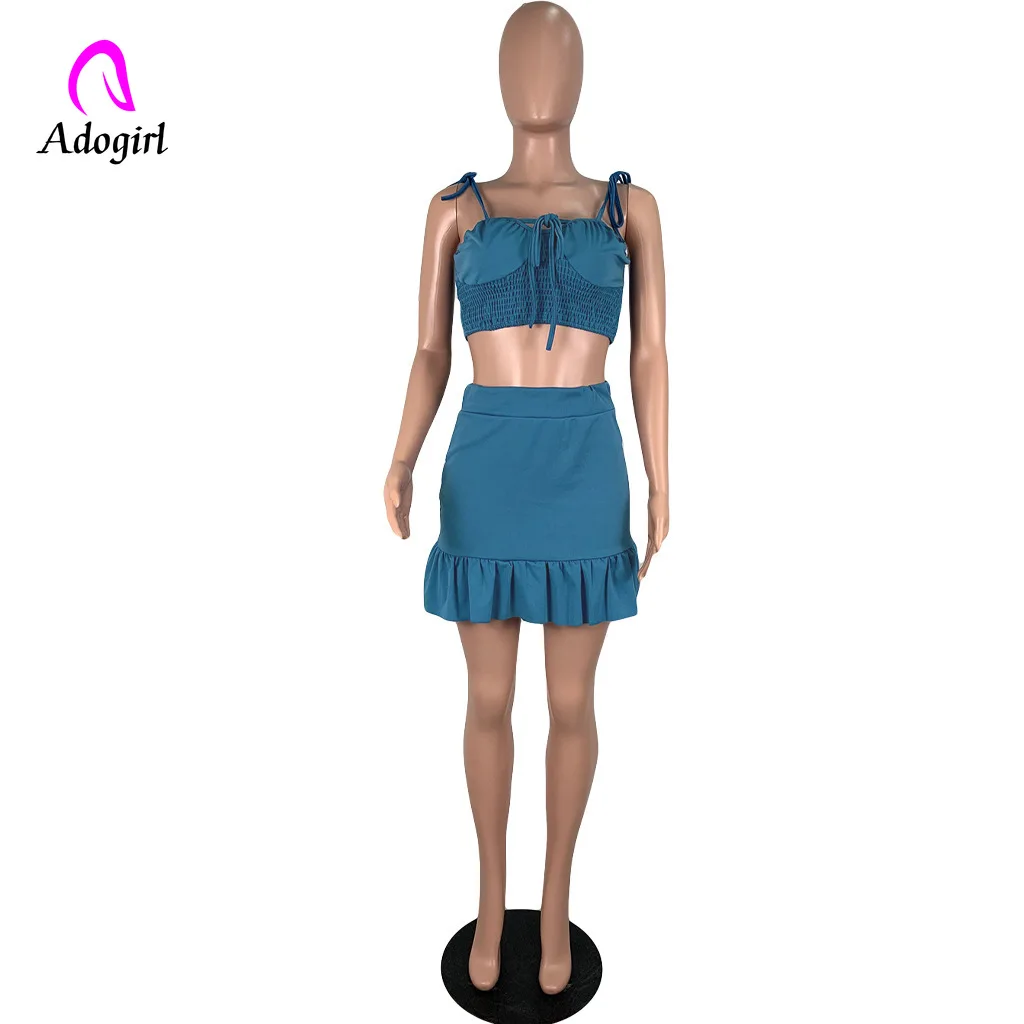 Женский комплект из 2 предметов Adogirl летний темно синий с юбкой оборками