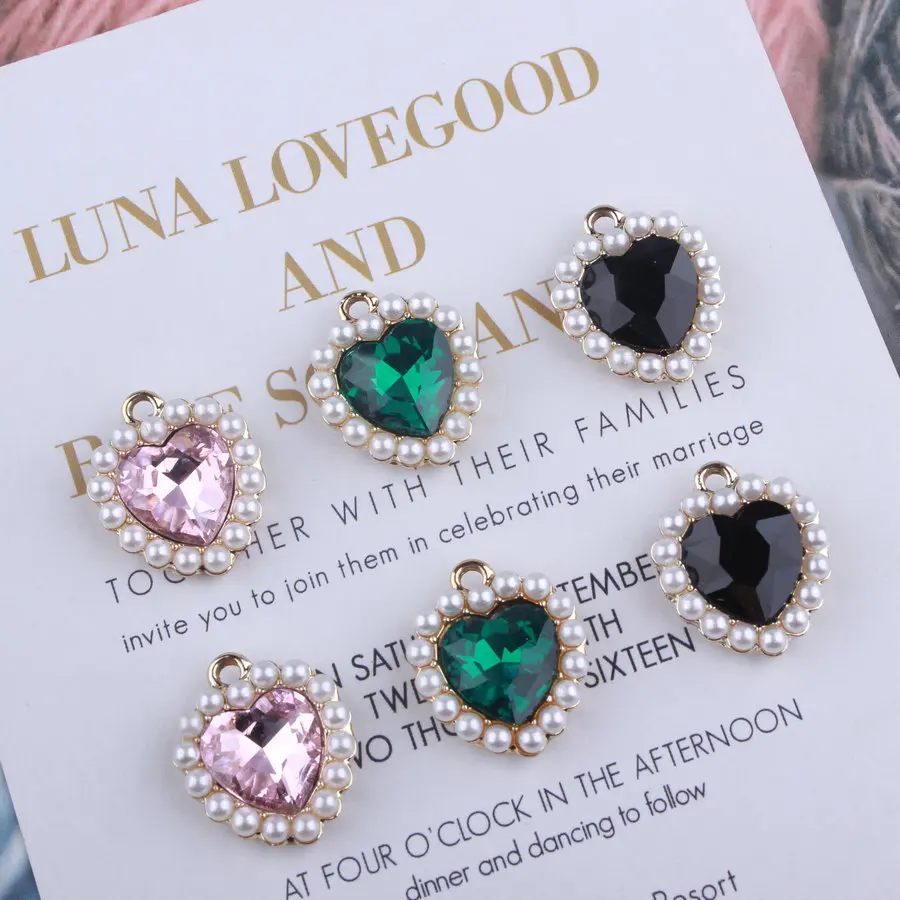 

50pcs 18*21mm gold tone Crystal Imitation Pearl Heart Shape Charm Pendant DIY Metal Bracelet Necklace Jewelry Findings