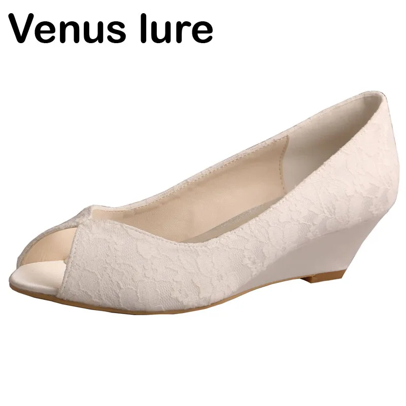 

Big discount Low Heel Lace Ivory Bride Shoes for Wedding Wedge Peep Toe Women Pumps