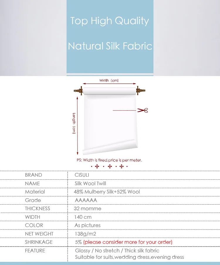 Ткань из шелковой шерсти твил, ширина 140 см, 32 мм / 48% шелк + 52% натуральные чистые органические ткани сатина, серебристо-серый.