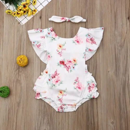 Летний комбинезон для новорожденных девочек с цветочным принтом и оборками
