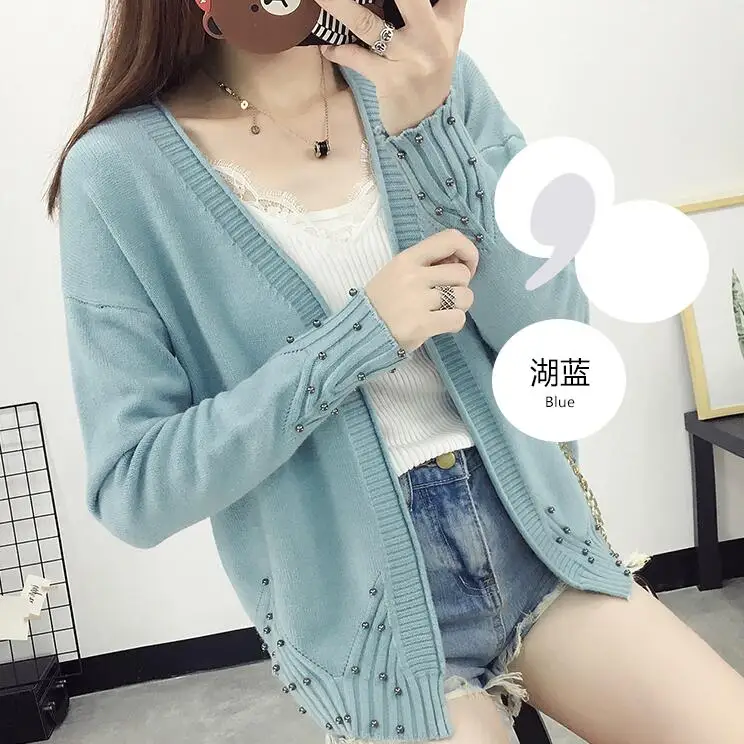 New Women Spring Autumn Sweater 2018 Cardigan Korean Slim Knit Outwear Coat Winter V Neck With Beading |