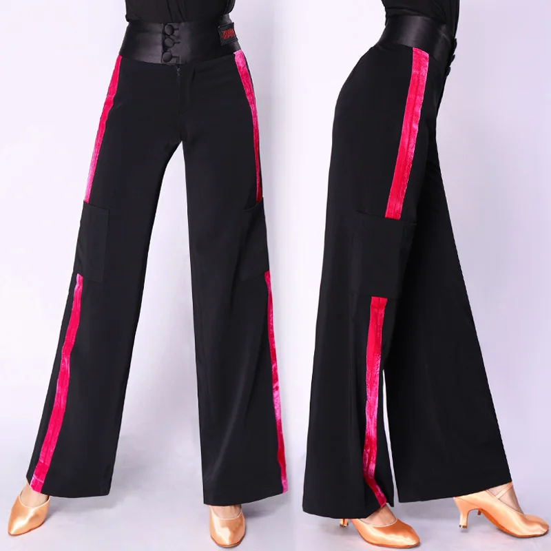 Черный Элегантные женские танцевальные брюки с красной стороны Pantalon Danse Femme Бальные брюки ChaCha Tango тренировочные костюмы конкурентные латинские танцевальные брюки BL1594 - Цвет: Черный