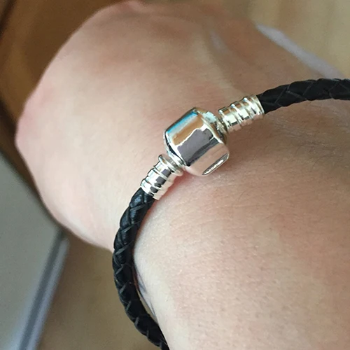 Новый Мужской Черный Искусственной Кожи Браслет Кос Цепи Змейки Тона Серебра Из