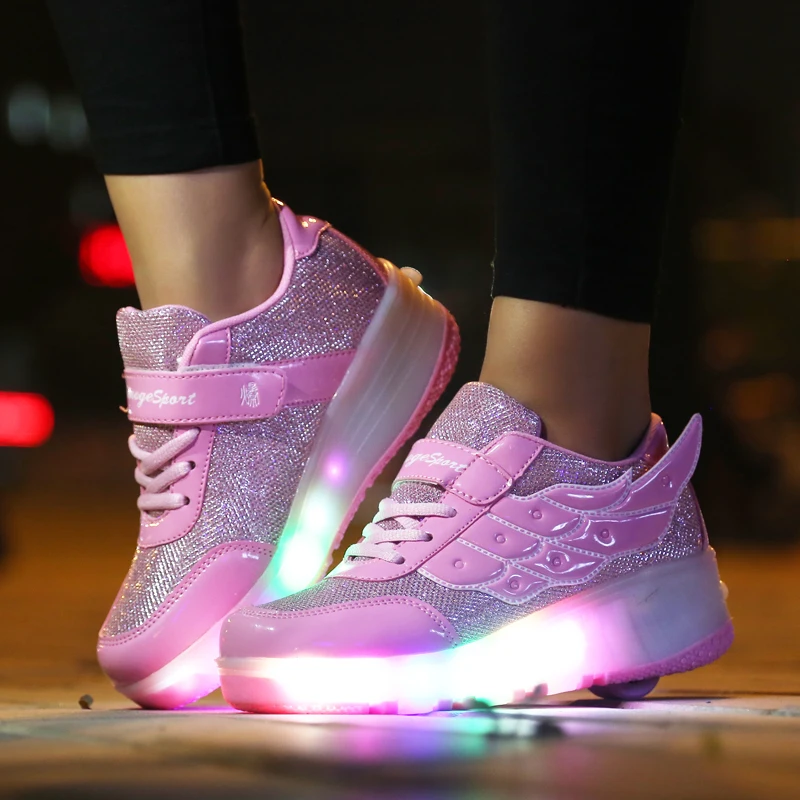 Детские светящиеся кроссовки с колесиками Led Light up Роликовые Коньки Спортивная светящаяся обувь для детей мальчиков розовый черный