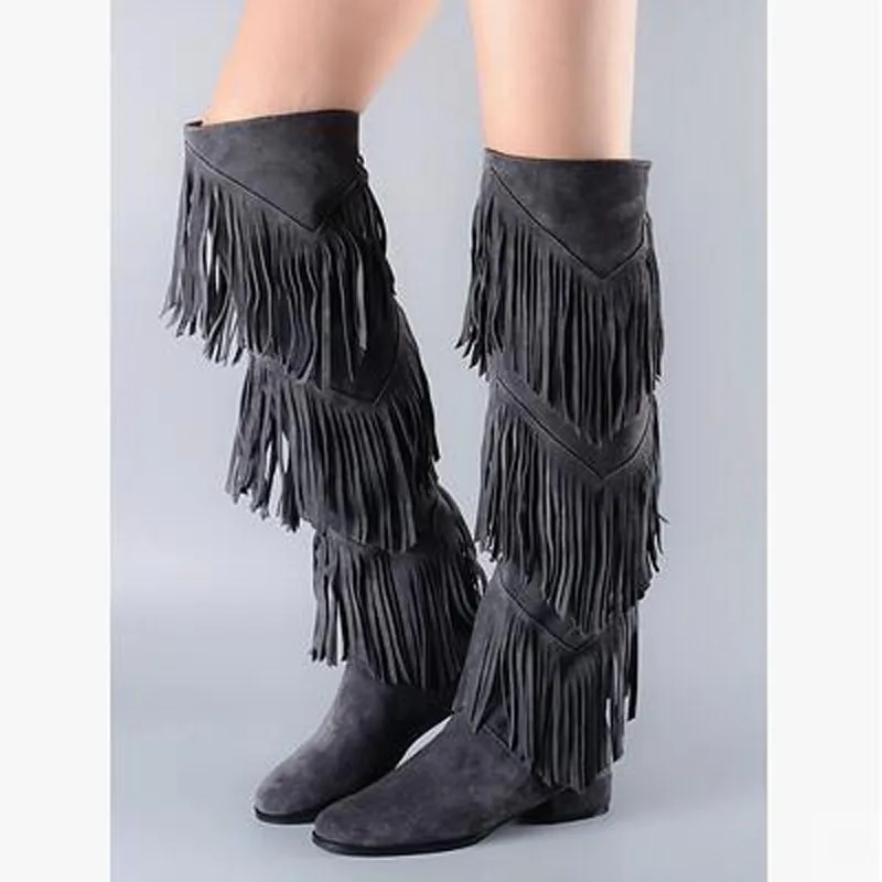 Unique Bohemia Nubuck Genuine Leather Fringe Thigh High Boots Over The Knee Motorcycle Native Shoes Woman Winter Botas 2015 | Обувь