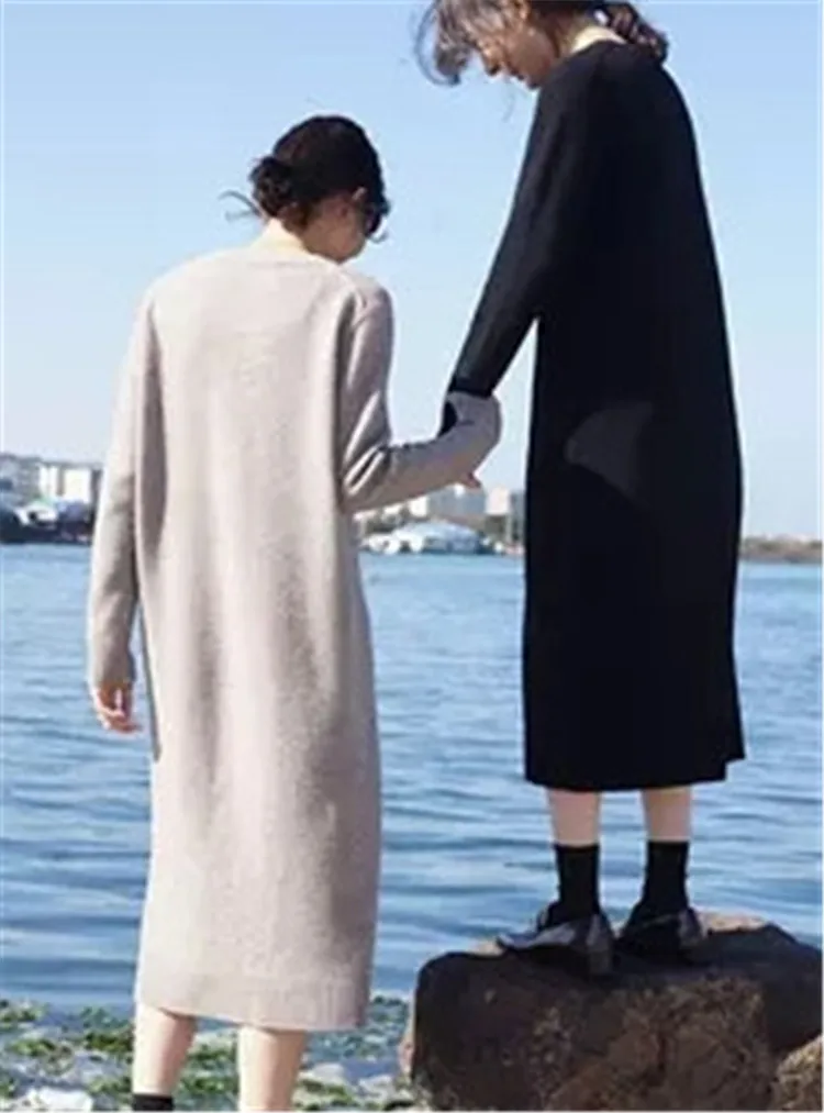 100%cashmere thick knit women brief low Oneck loose long dress sweater solid color S-L