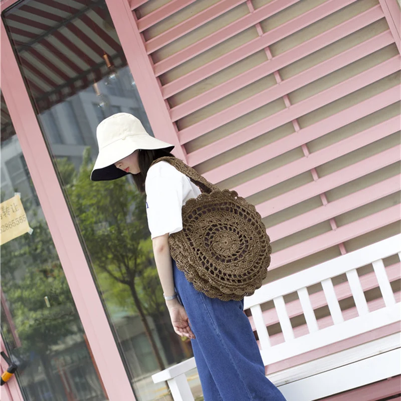 Sun Flower Beach Tote Bag Soft Paper Rope Crochet Round Straw Boho Retro Foldable Shoulder Travel Rattan For Women | Багаж и сумки