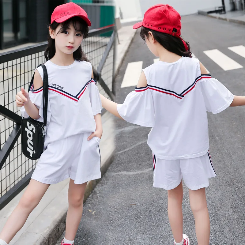Girls Summer Children's Fashion Sports Suits Teenage Clothing Set Cotton Short Sleeve Shorts Two-piece Tracksuit 4-13Years | Детская