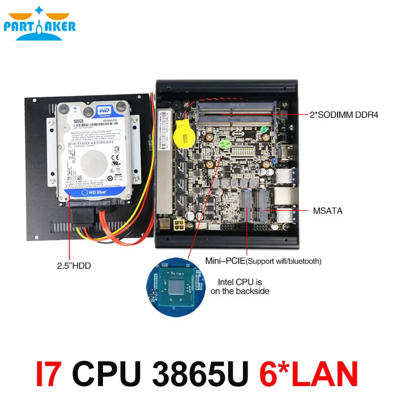 Fanless hardware firewall pfsense mini pc Kaby Lake celeron 3865U 3855U with 6RJ45 LAN firewall router support AES-NI 4USB3.0