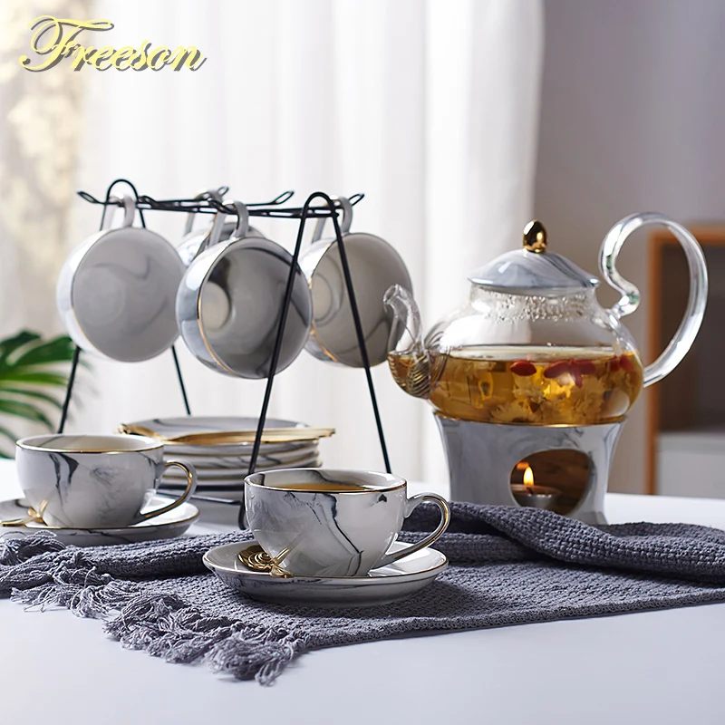 Juego de té de porcelana Marbling, taza de té de cerámica nórdica con Candler colador Floral, Juego de tetera, taza de café, taza de té