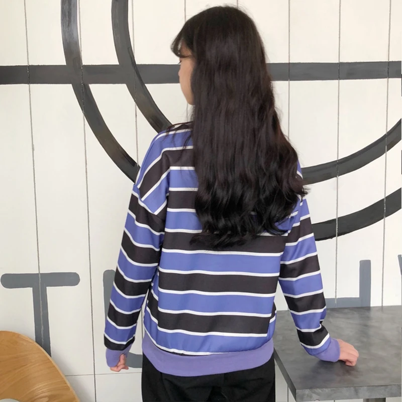 Women Contrast Color Striped Round Neck Casual Top T Shirts Femme Long Sleeve Fashion Harajuku T-shirt Lady Blue Orange | Женская одежда