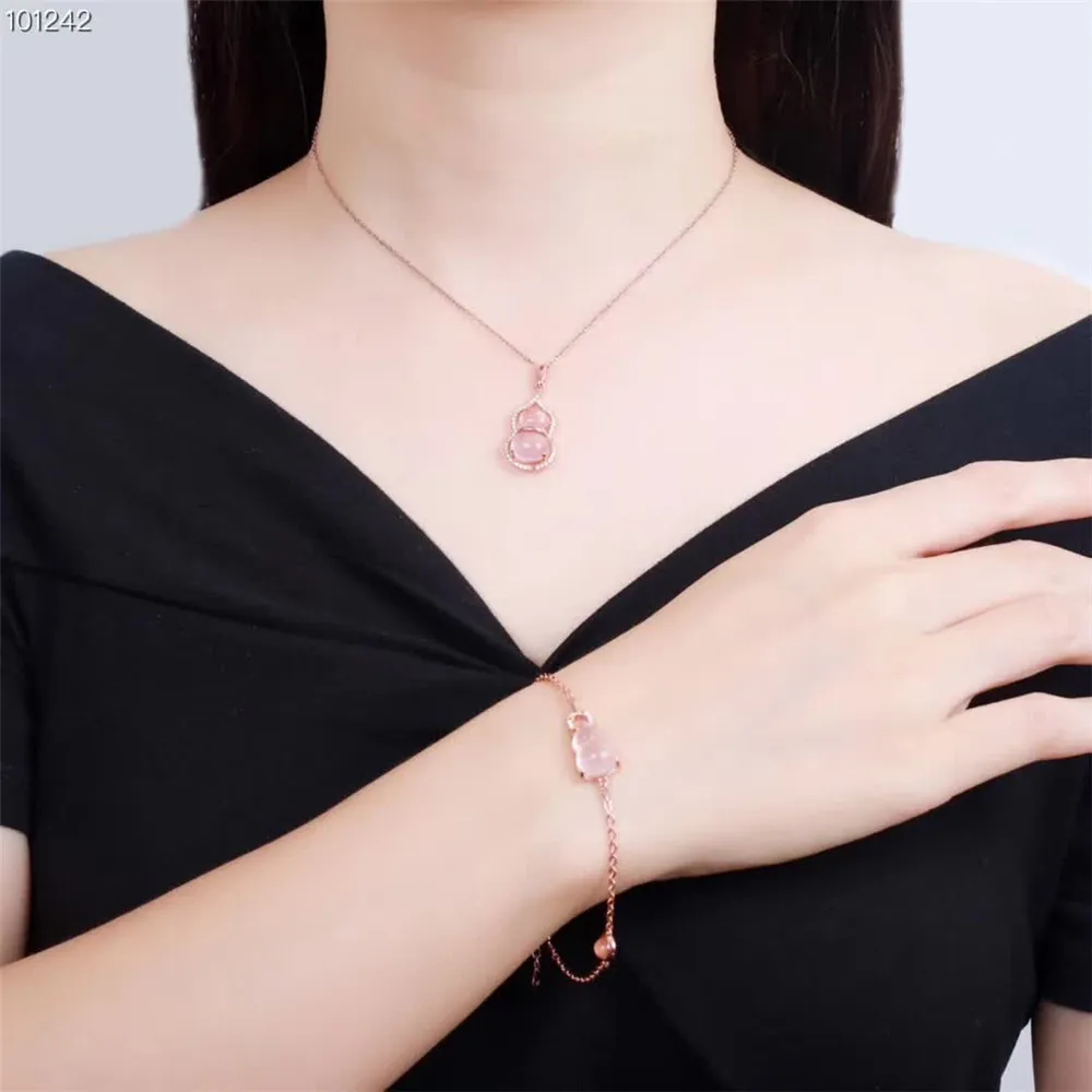 

wholesale fashionable elegant ladies rose gold 925 sterling silver natural pink crystal necklace pendant bracelet jewelry set