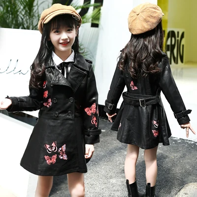 BLACK pu coat Куртка из искусственной кожи с цветочным принтом детская одежда для девочек верхняя одежда из искусственной кожи для маленьких девочек весеннее длинное пальто с поясом, одежда для подростков - Цвет: BLACK pu coat