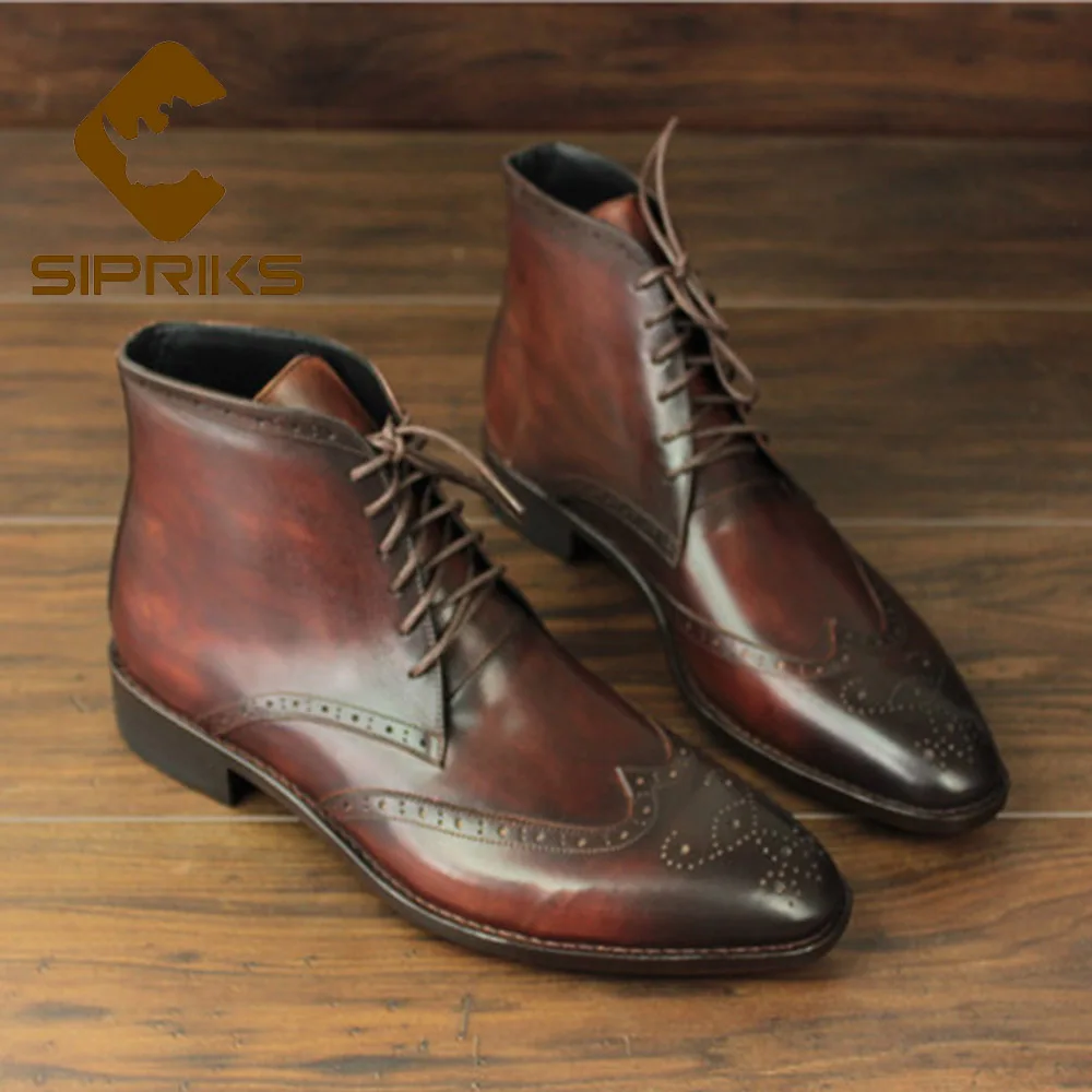 

Sipriks Mens Genuine Leather Dress Boots Italian Custom Goodyear Welted Shoes Vintage Ankle Boots Lace-Up Wingtip brogues Cowboy