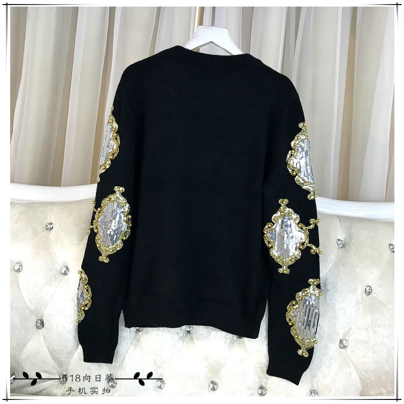 Cakucool Beading Knitted Tops Women Long Sleeve O-neck Sequined Sweaters Floral Embroid Ethnic Shiny Jumpers Sweater Female | Женская