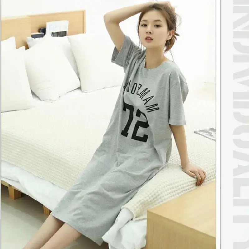

women nightgowns letter print cotton nightdress summer long dress short sleeve ladies sleepwear sleepshirt Plus size New