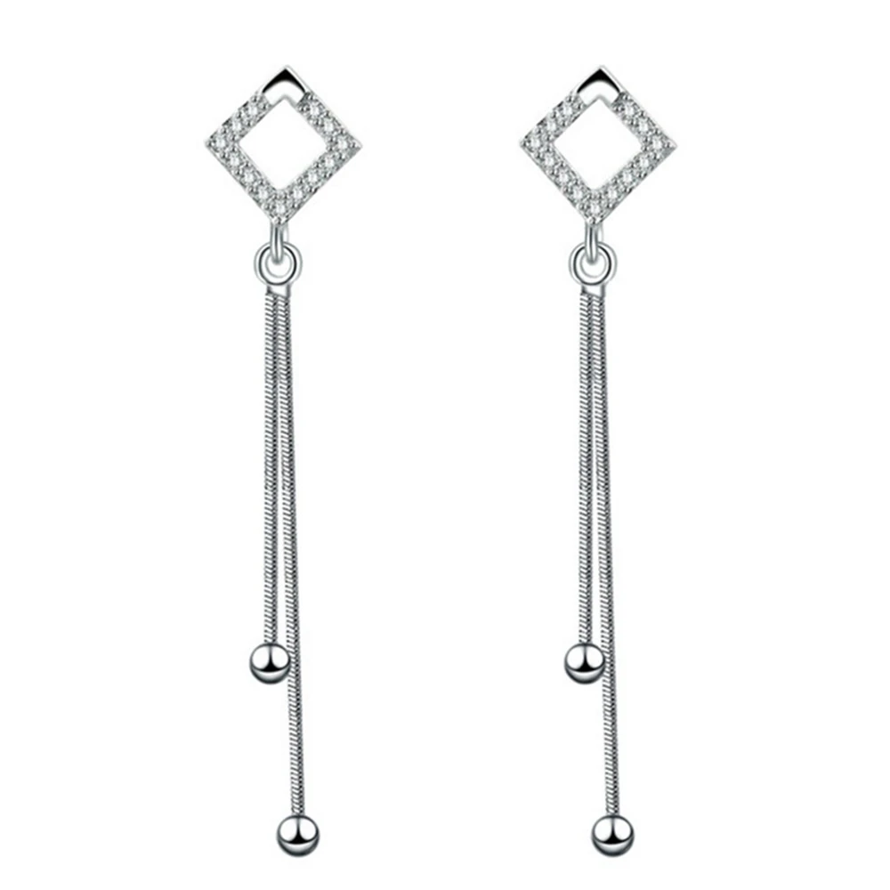 

S925 Stamp Brand ladies silver jewelry simple hollow shaped long earrings tassel geometric crystal silver Drop Earrings 67MM