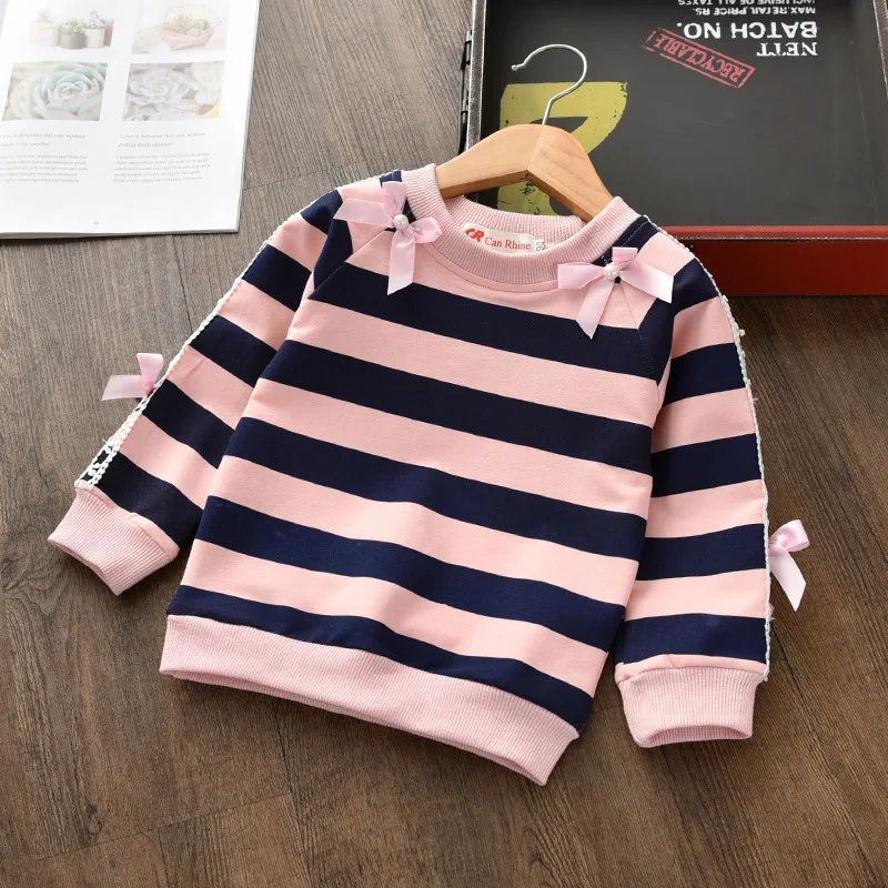 BibiCola Autumn Winter Baby Girl Sweatshirts Long-sleeve Warm T-shirt Children Girls Casual Striped Thick Tops Outerwear Clothes | Детская