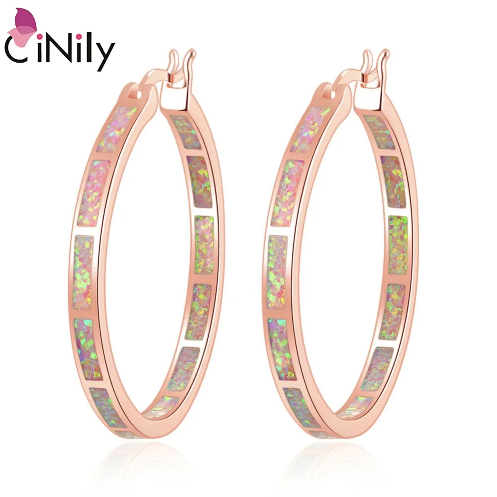 

CiNily Pink Fire Opal Luxury Large Hoop Earrings Rose Gold Color Rainbow Round Circle Cocktail Party Summer Jewelry Gifts Woman