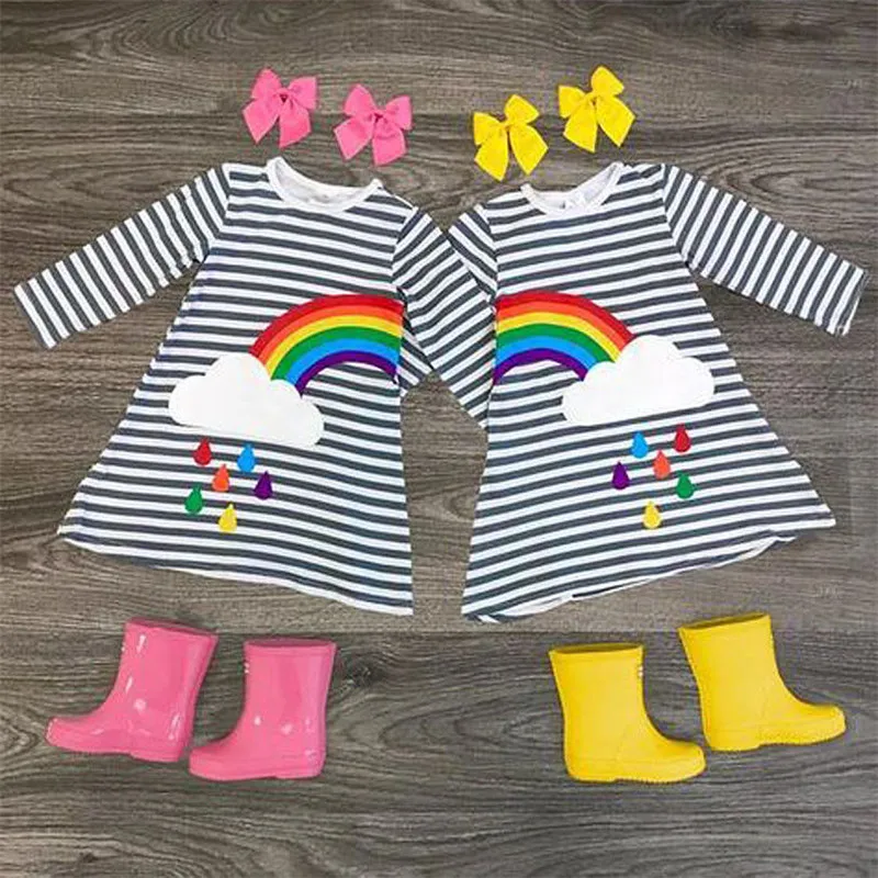 Toddler Baby Kids Girls Clothes Casual Long Sleeves Stripe Princess Party Dress Novelty Rainbow Sisters Twins Matching Outfits | Детская