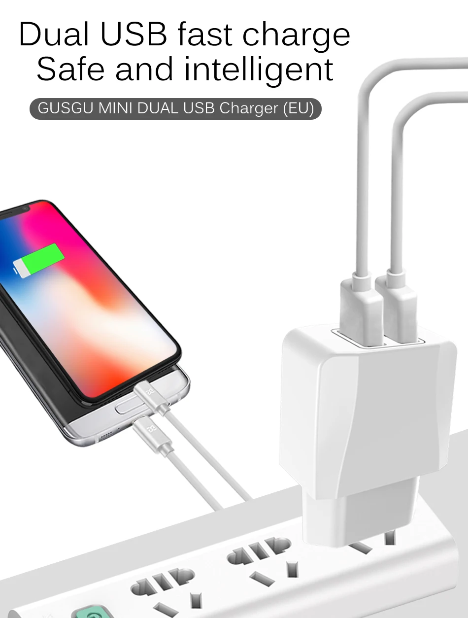 GUSGU Dual USB зарядное устройство для iPhone 7 8 6 X S Max iPad EU вилка адаптер для путешествий настенное зарядное устройство 2A зарядный кабель для Lightning 1,5 м