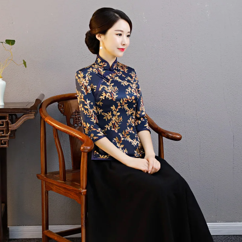 Женская блузка шелковая рубашка летняя одежда с цветочным принтом размера плюс M