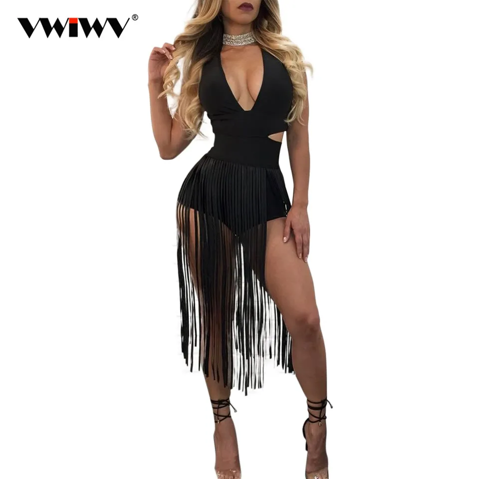 VWIWV 2018 Лето Для женщин Boho платья с кисточками Vestido Сексуальная V шеи спинки полые