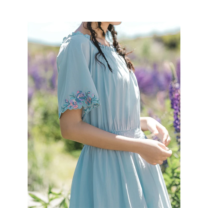 INMAN Summer New Arrival Agaric Lace O-neck Lace Sleeve Elastic Waist Goddess Style Women Dress