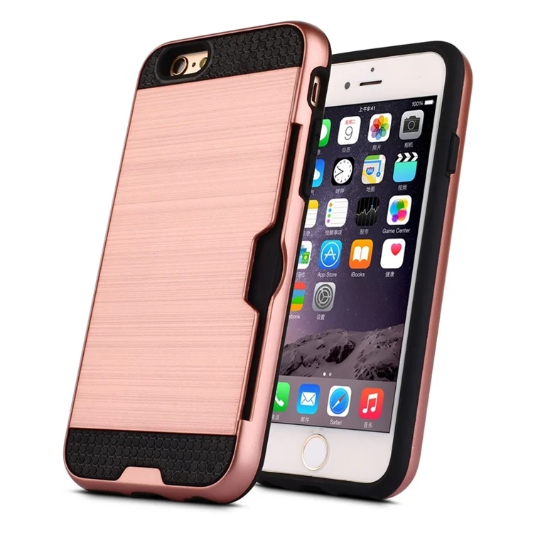 for iPhone 6 6S 7 8 Plus X XS 5s Plain Business Carbon Fiber Phone Case with Card Slot Rose Gold Anti-knock Back Cover |