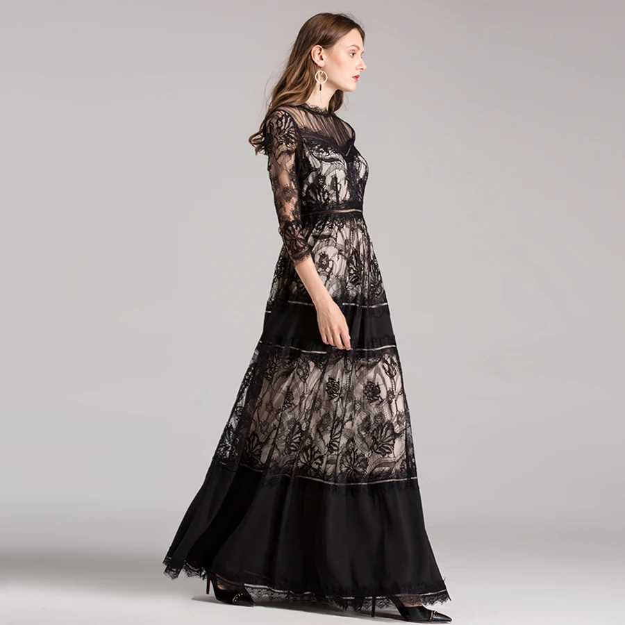 Винтаж кружевное платье Для женщин с длинным рукавом прозрачного кружева 3/4