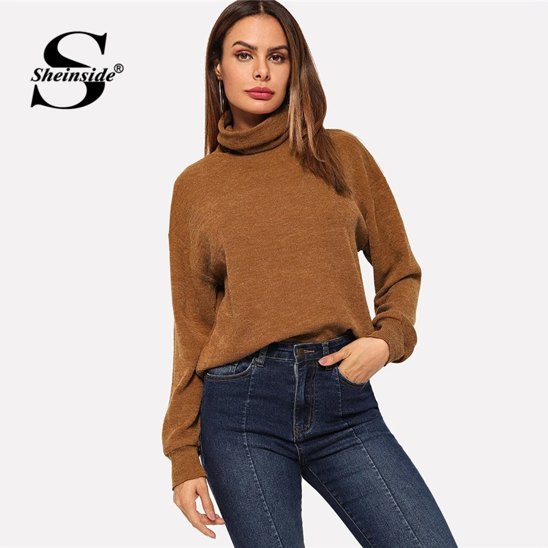 Sheinside, коричневая водолазка, однотонный пуловер, толстовка, Женские топы с длинным рукавом,, осенняя Женская одежда, повседневные толстовки