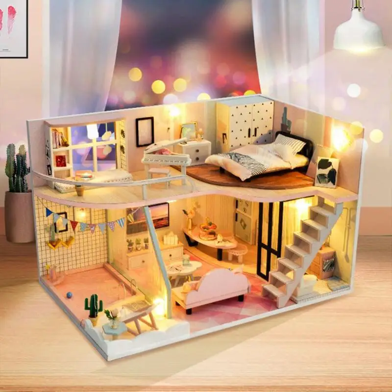 DIY деревянный розовый Кукольный дом Миниатюрный Кукольный домик Модель игрушки с мебели С Пылезащитным покрытием модель интерьера обучающая игрушка
