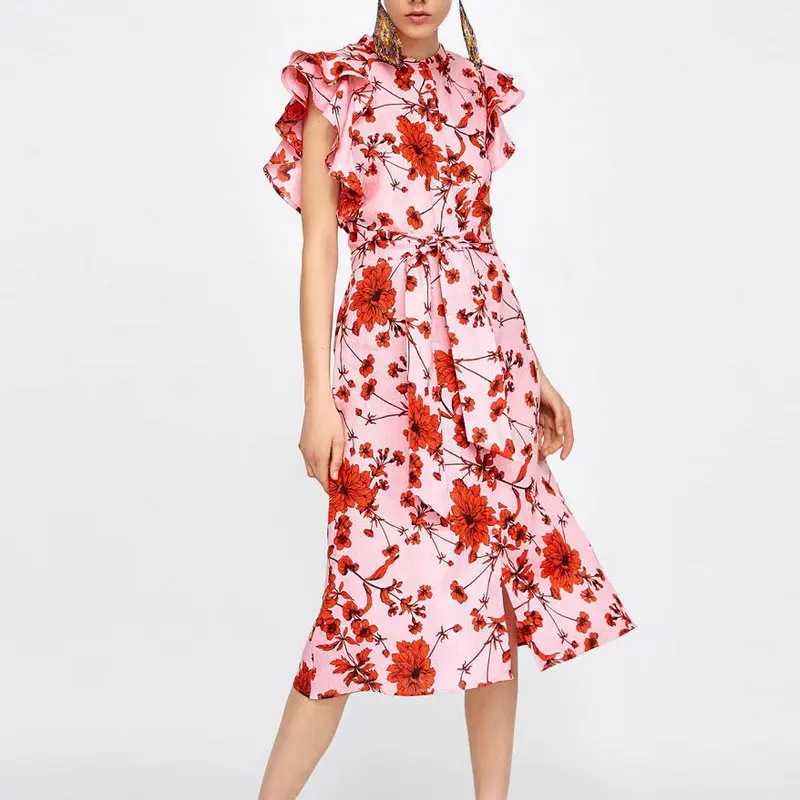 Милое женское платье миди с рукавом бабочкой и круглым вырезом цветочным принтом