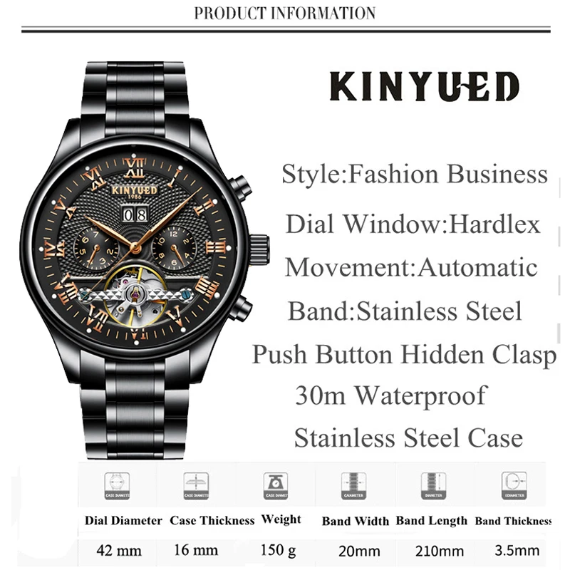 KINYUED Band элегантные черные мужские часы Tourbillon механические наручные из