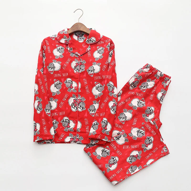 

Lovely sheep 100% brushed cotton women nightwear warm pajamas set sexy pyjama femme red sleepwear pijamas mujer Plus Size