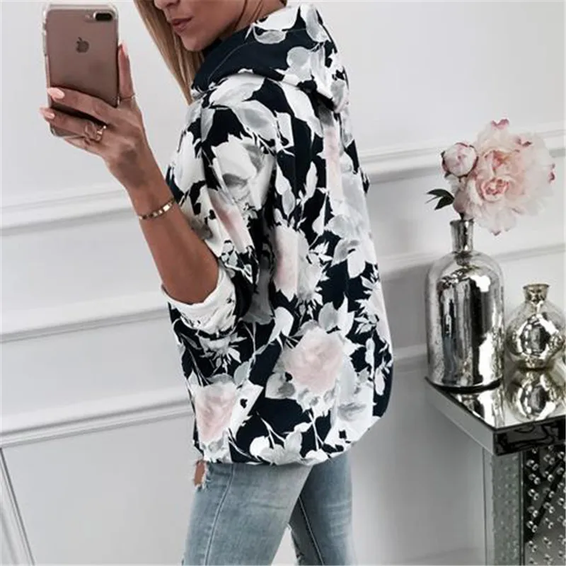 Женские кофты 2019 Осенняя мода Цветочный принт женские длинный рукав толстовка с