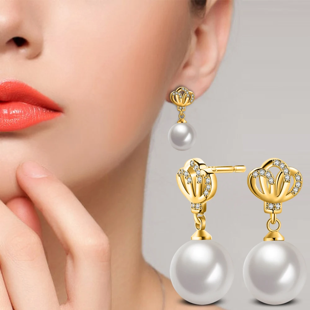 Wholesale fashion style sterling silver jewelry yellow gold plated crown shaped stud earrings for women with pearl and cz stone | Украшения