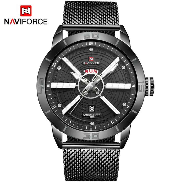 BLACK BLACK NAVIFORCE синие часы для мужчин Мода 3D дизайн кварцевые мужские часы сетчатый ремешок Дата Неделя дисплей Водонепроницаемый Топ бренд класса люкс часы - Цвет: BLACK BLACK