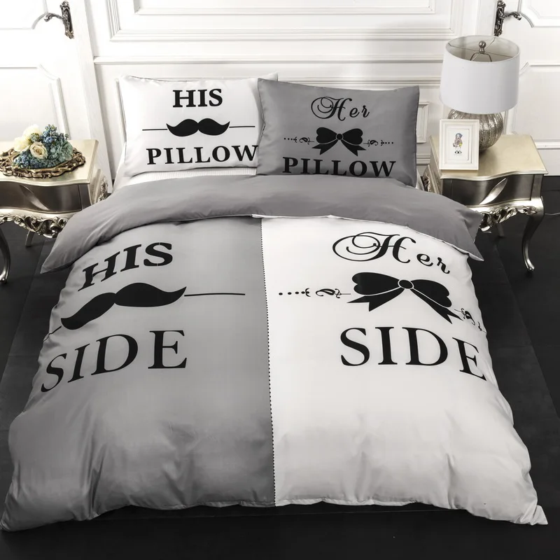 

Wongs bedding his side her side Bedding Set grey color Duvet Cover twin queen king Home 3pcs Home Textiles