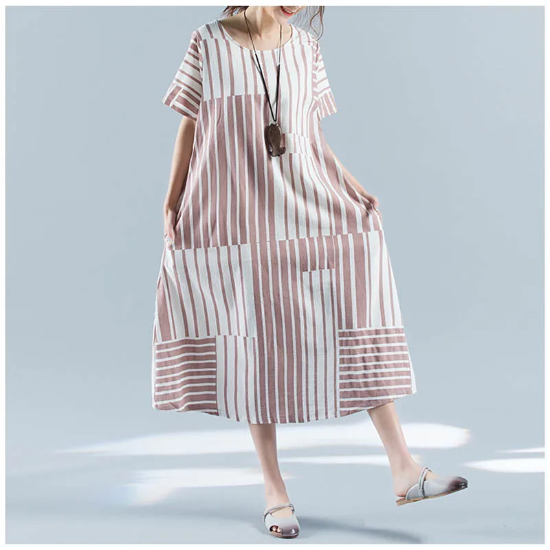 Женское винтажное платье в полоску повседневное свободное летнее из хлопка и