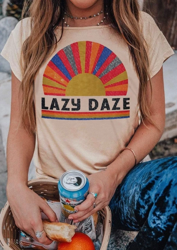 

T-Shirt Women 2019 Summer Lazy Daze Short Sleeve t shirt Flesh O-Neck tops tee Funny Female T-Shirt Casual Ladies Tops Tee