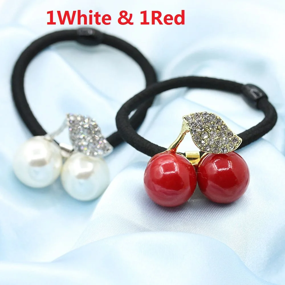 1pcs White 1pcs Red 1/2 шт, модные женские аксессуары для волос, красный, белый, искусственный жемчуг, кристалл, лист, вишня, листья, эластичная резинка для волос, резинки - Цвет: 1pcs White 1pcs Red