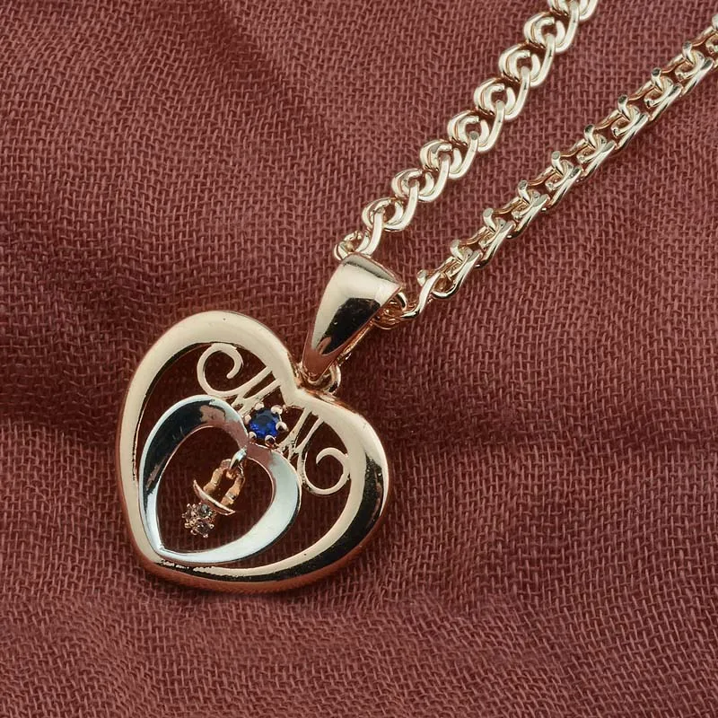 Женская цепочка под розовое золото 585 пробы с синим камнем и белыми подвесками в